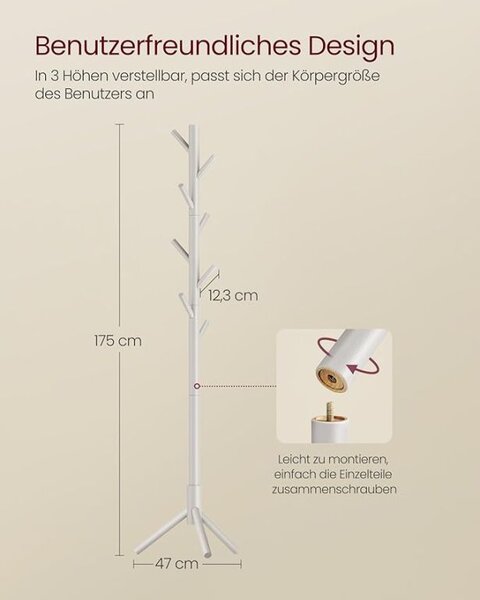 Dřevěný věšák na kabáty 175 cm, 8 háčků, béžový, samostojný
