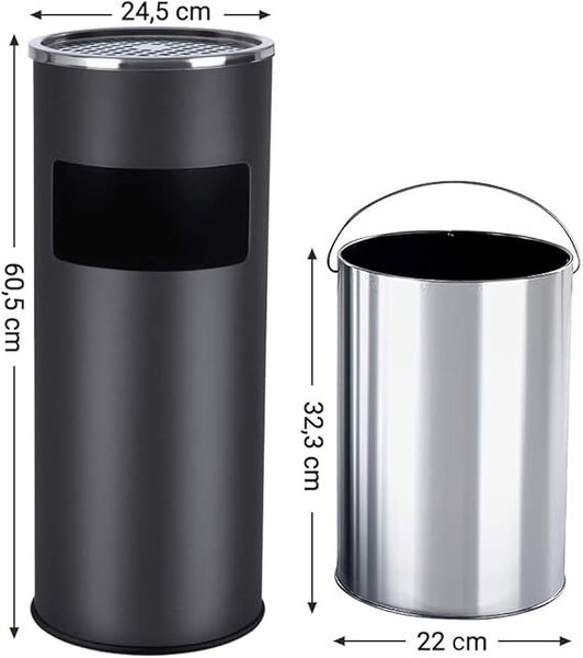 Kovový odpadkový koš s popelníkem, objem 30 l, černý, nerez