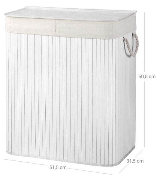Bambusový koš na prádlo s víkem a 2 přihrádkami 100 l – bílý