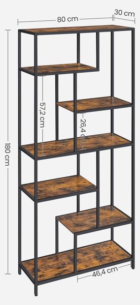 Industriální rustikální knihovna 180 cm, 6 polic