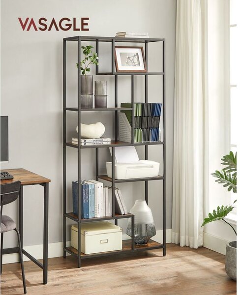 Industriální rustikální knihovna 180 cm, 6 polic