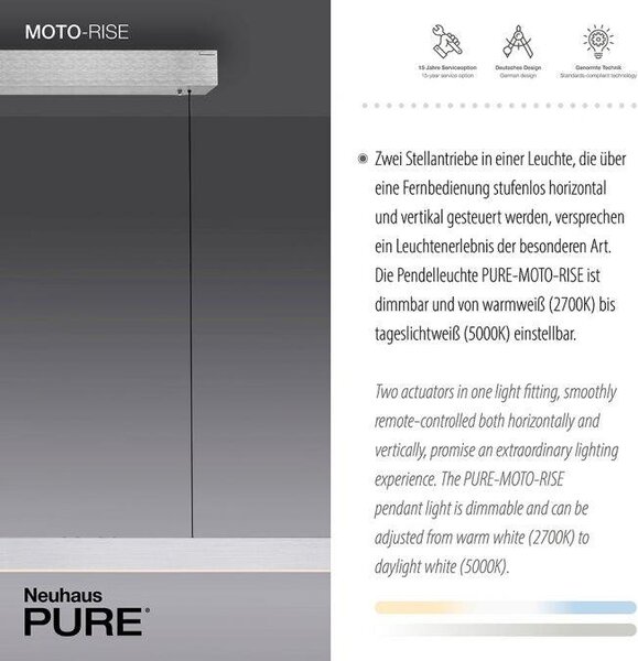 Paul Neuhaus LED závěsné svítidlo PURE-MOTO-RISE elektricky nastavitelná výška dotykový vypínač 2700-5000K hliník, d.200cm