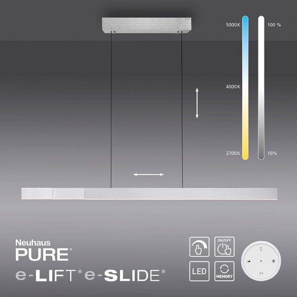 Paul Neuhaus LED závěsné svítidlo PURE-MOTO-RISE elektricky nastavitelná výška dotykový vypínač 2700-5000K hliník, d.200cm