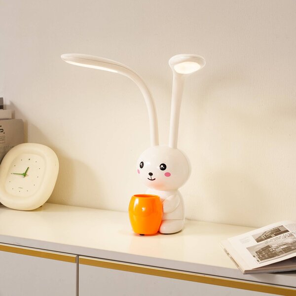 Lindby LED stolní lampa Haas, béžová, plast, výška39cm, stmívatelný, Krémová / jantar, Dětský pokoj, Plast, Young lifestyle