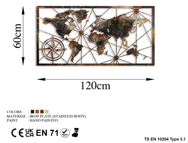 ASIR Nástěnná dekorace kovová WORLD MAP hnědá a stříbrná