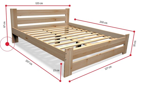 Postel z masivu STUDY + rošt ZDARMA + pěnová matrace DE LUX 14 cm + rošt ZDARMA, 120x200cm, přírodní/nelak