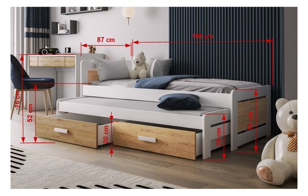 Postel pro děti s úložným prostorem 80x180 CAVELA - bílá / dub olejovaný