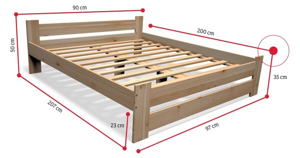 Postel z masivu STUDENT + rošt ZDARMA + pěnová matrace MORAVIA 16 cm, 90x200cm, přírodní/nelak