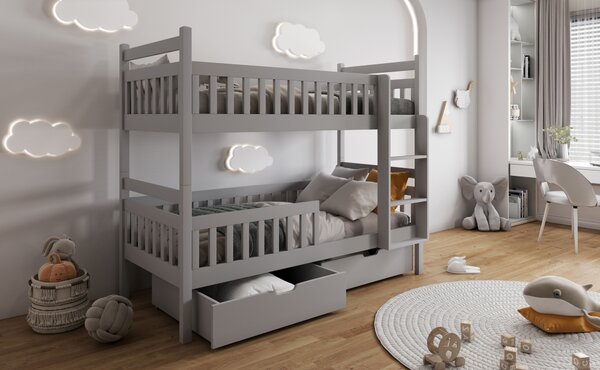 Dvoupatrová postel s úložným prostorem 80x180 BEDRA - šedá, pravé provedení