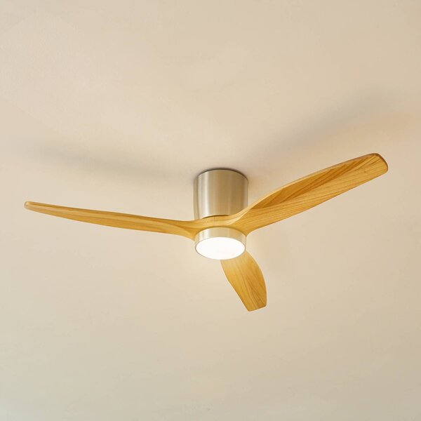 Lucande LED stropní ventilátor Faipari, nikl, DC, tichý, 132 cm, Světlé dřevo, Obývací pokoj / jídelna, Dřevo, Moderní