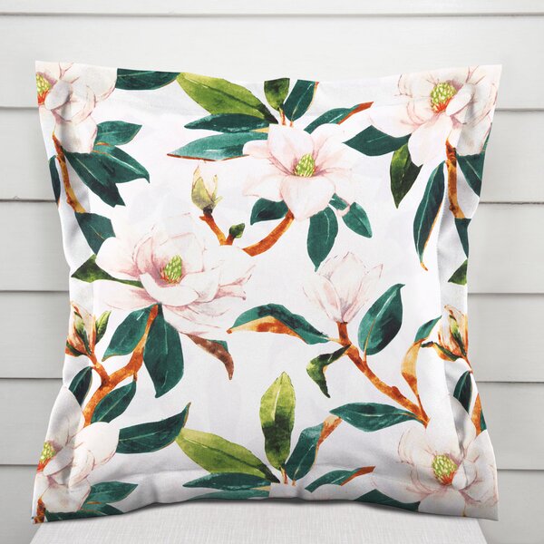 Biante Bavlněný povlak na polštář s lemem Sandra SA-293 Magnolie se zelenými listy na bílém 35 x 45 cm
