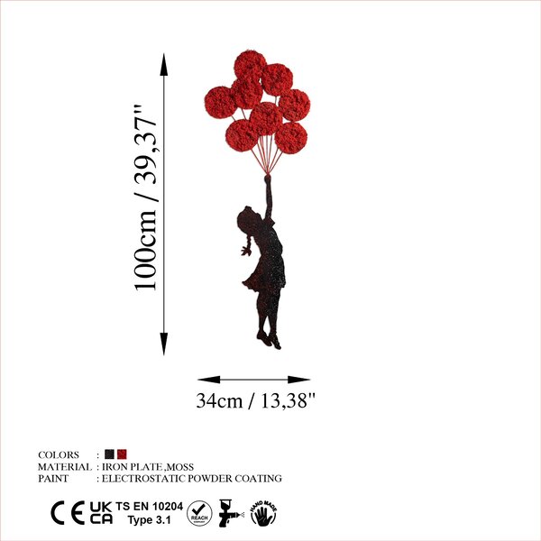 ASIR Nástěnná dekorace kovová BANKSY Dívka s balónky, černá a červená