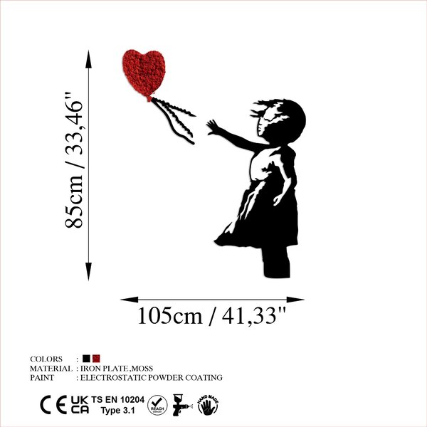 ASIR Nástěnná dekorace kovová BANKSY dívka s Balonkem, černá a červená