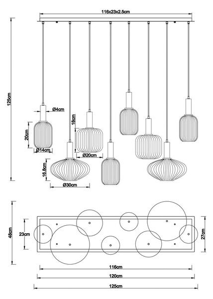 Globo Závěsné svítidlo Normy, délka 125 cm, barevné, skleněné, 8 světel., stmívatelný, Vícebarevná, Obývací pokoj / jídelna, Sklo