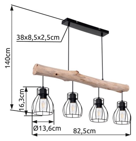 Závěsné svítidlo Mina, délka 83 cm, černá/hnědá, 4 světla