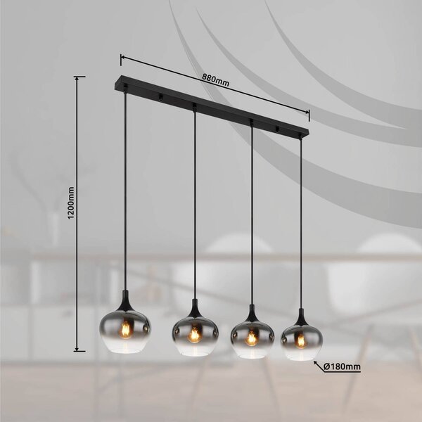 Globo Závěsná lampa Maxy, délka 100 cm, kouřově šedá, sklo, 4 světla., stmívatelný, Hliník / šedá / zinek, Obývací pokoj / jídelna, Sklo