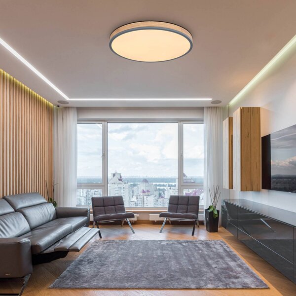 Globo LED stropní svítidlo Doro, Ø 60 cm, tmavý grafit/dřevo, dřevo,, stmívatelný, Tmavé dřevo, Obývací pokoj / jídelna, Dřevo, Moderní