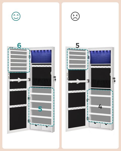 SONGMICS Závěsná šperkovnice se zrcadlem 120 cm bílá