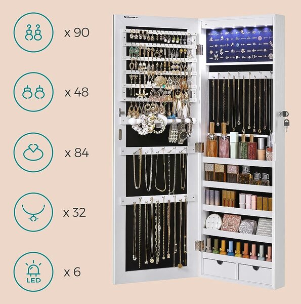 SONGMICS Závěsná šperkovnice se zrcadlem 120 cm bílá