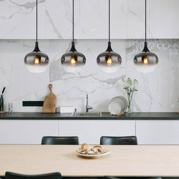 Globo Závěsná lampa Maxy, délka 100 cm, kouřově šedá, sklo, 4 světla., stmívatelný, Hliník / šedá / zinek, Obývací pokoj / jídelna, Sklo
