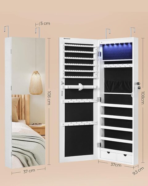 SONGMICS Závěsná šperkovnice se zrcadlem 120 cm bílá