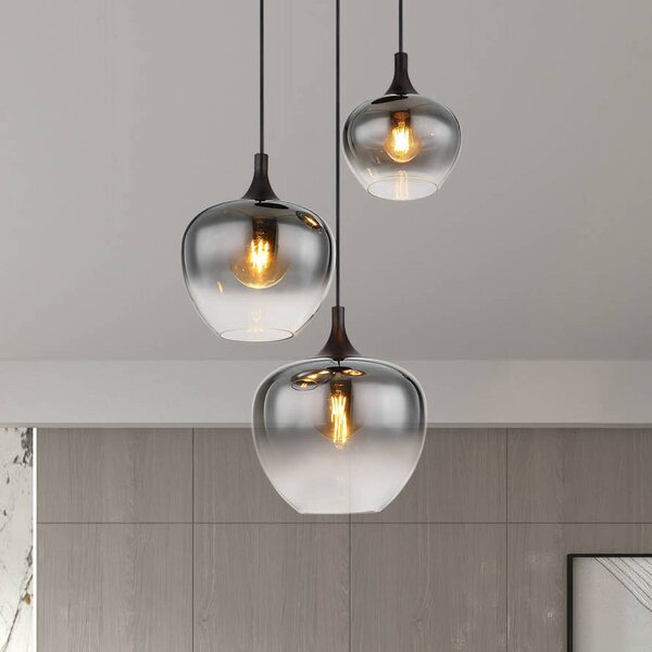 Globo Závěsná lampa Maxy, Ø 48 cm, kouřově šedá, sklo, 3 světla., stmívatelný, Hliník / šedá / zinek, Obývací pokoj / jídelna, Sklo