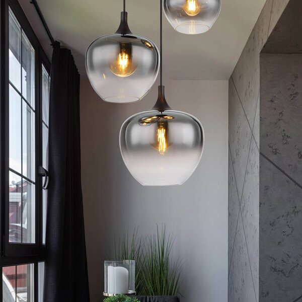 Globo Závěsná lampa Maxy, Ø 48 cm, kouřově šedá, sklo, 3 světla., stmívatelný, Hliník / šedá / zinek, Obývací pokoj / jídelna, Sklo