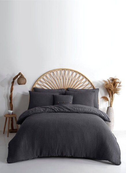 Antracitové povlečení na jednolůžko z bavlny Renforcé 140x200 cm Waffle Striped – Mila Home Luxury