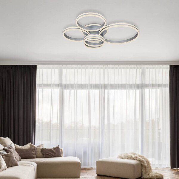 Globo Stropní svítidlo Rubio LED, délka 114 cm, šedé, 5 světelných zdrojů, stmívatelný, Hliník / šedá / zinek, Obývací pokoj / jídelna, kov, Moderní