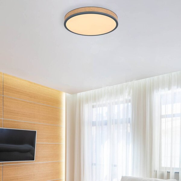 Globo LED stropní svítidlo Doro, Ø 45 cm, tmavý grafit/dřevo, dřevo,, stmívatelný, Tmavé dřevo, Obývací pokoj / jídelna, Dřevo, Moderní