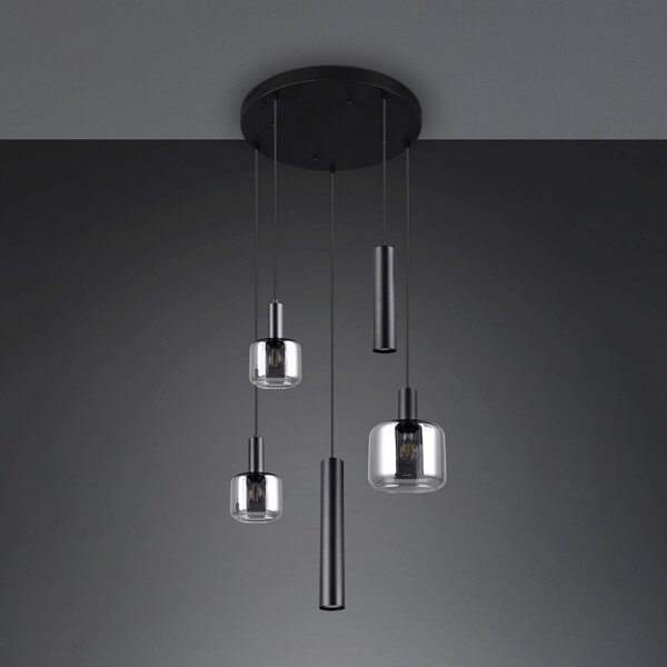 Trio Lighting Závěsná lampa Mataro, chrom/černá, Ø 55 cm 5 světel sklo/kov, stmívatelný, Chrom / stříbro, Obývací pokoj / jídelna, Sklo, Moderní