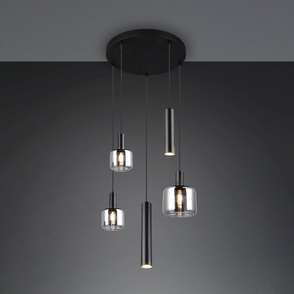 Trio Lighting Závěsná lampa Mataro, chrom/černá, Ø 55 cm 5 světel sklo/kov, stmívatelný, Chrom / stříbro, Obývací pokoj / jídelna, Sklo, Moderní