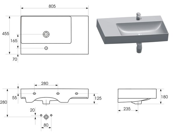 Cersanit Inverto umyvadlo 80x45 cm obdélníkový na pult bílá lesk K671-016