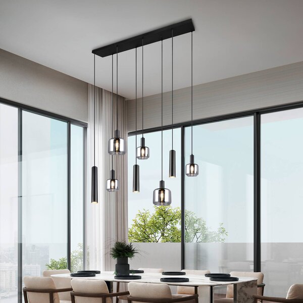 Trio Lighting Závěsná lampa Mataro, chrom/černá, 118 cm, 8 světel, sklo/kov, stmívatelný, Chrom / stříbro, Obývací pokoj / jídelna, Sklo, Moderní