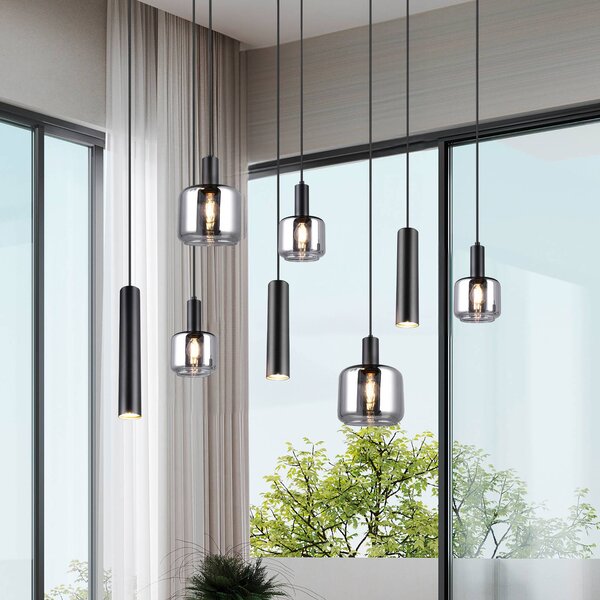Trio Lighting Závěsná lampa Mataro, chrom/černá, 118 cm, 8 světel, sklo/kov, stmívatelný, Chrom / stříbro, Obývací pokoj / jídelna, Sklo, Moderní