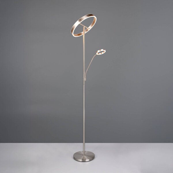 Trio Lighting LED stojací lampa Willis, nikl, výška 180 cm, kovový stmívač, stmívatelný, Hliník / šedá / zinek, Obývací pokoj / jídelna, kov, Moderní, Lampička na čtení