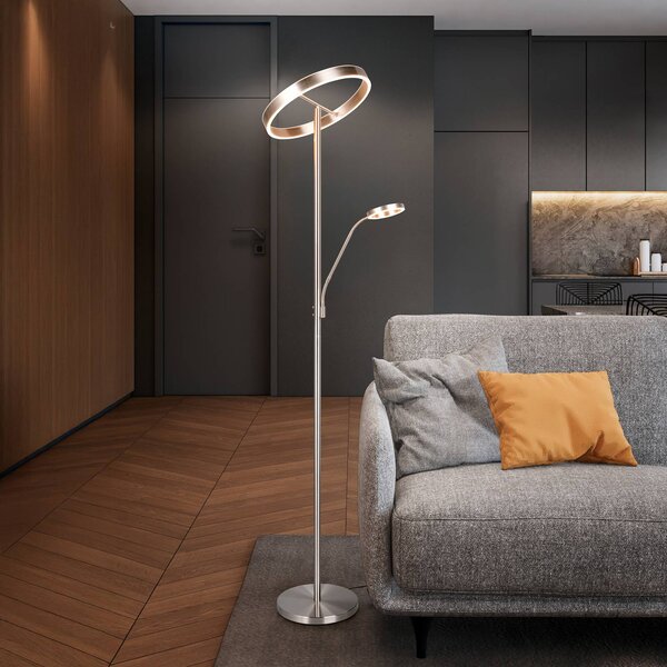 Trio Lighting LED stojací lampa Willis, nikl, výška 180 cm, kovový stmívač, stmívatelný, Hliník / šedá / zinek, Obývací pokoj / jídelna, kov, Moderní, Lampička na čtení