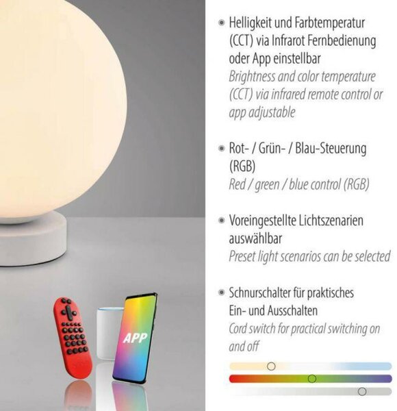 JUST LIGHT LED stolní lampa, koule, bílé, Smarthome, stmívatelné, dálkový ovladač s aplikací Tuya RGB, 2700-5000K