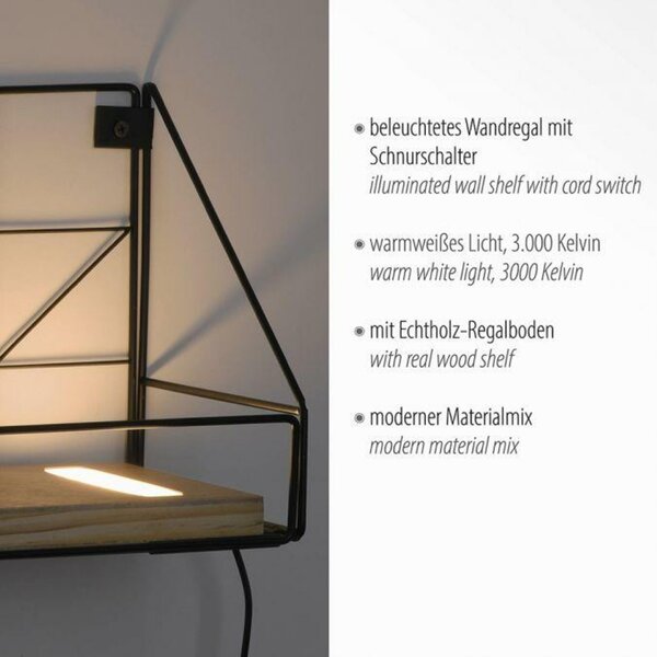 LEUCHTEN DIREKT is JUST LIGHT LED nástěnné svítidlo, police 46x16x20cm, černá, tělo ze dřeva, teplá bílá, vypínač 3000K