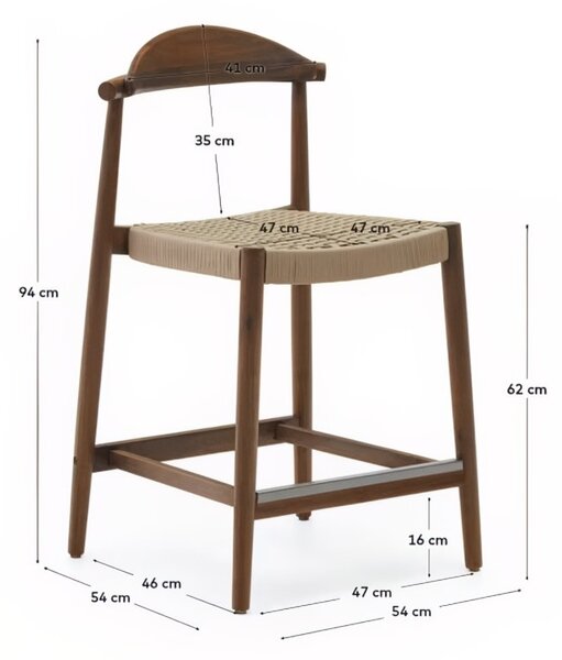 Ořechová dřevěná barová židle Kave Home Nina 62 cm s béžovým výpletem