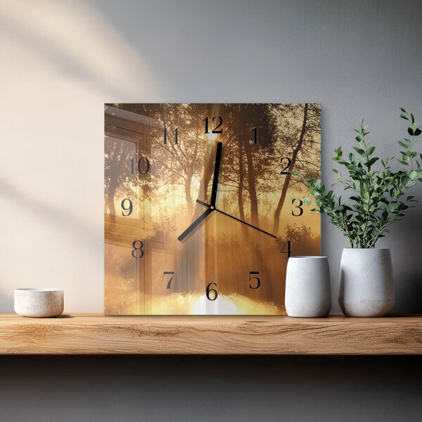 Skleněné hodiny na stěnu Stromy Mlha zskc-30x30-00172535