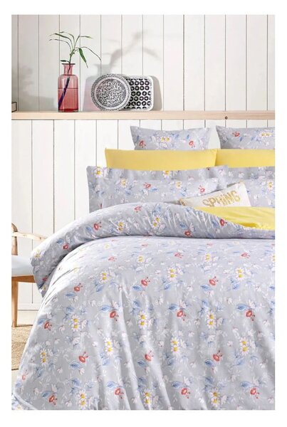 Žluto-šedé prodloužené povlečení na dvoulůžko z bavlny Renforcé s prostěradlem/4dílné 200x220 cm – Mila Home