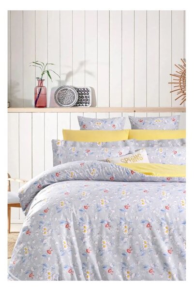 Žluto-šedé prodloužené povlečení na dvoulůžko z bavlny Renforcé s prostěradlem/4dílné 200x220 cm – Mila Home