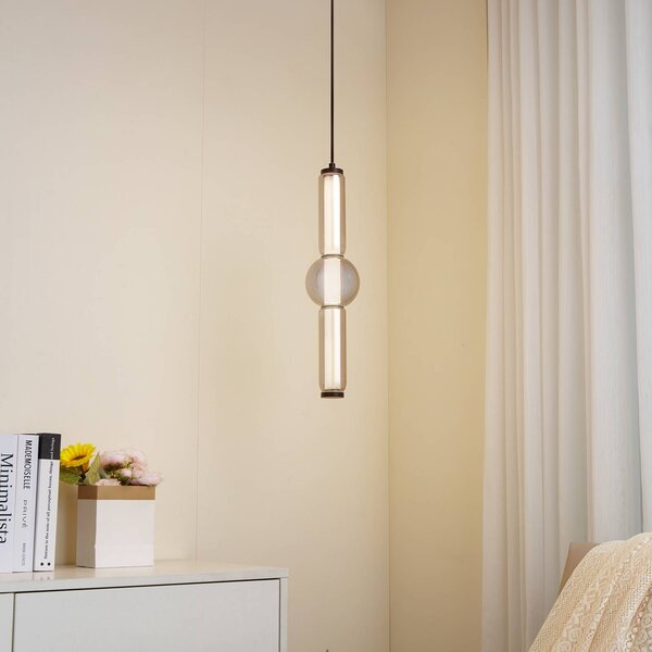 Lucande LED závěsné světlo Savete, kouřově šedá, sklo, Ø 12 cm, Hliník / šedá / zinek, Obývací pokoj / jídelna, Sklo, Moderní