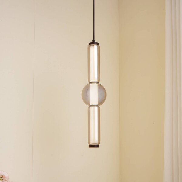 Lucande LED závěsné světlo Savete, kouřově šedá, sklo, Ø 12 cm, Hliník / šedá / zinek, Obývací pokoj / jídelna, Sklo, Moderní