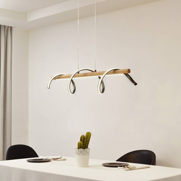 Lindby LED závěsné světlo Spiraali, černá barva, dřevo, délka 95 cm, Černá, Obývací pokoj / jídelna, Hliník, Venkovský / rustikální