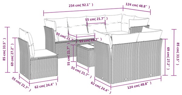 9dílná zahradní sedací souprava s poduškami hnědá polyratan 3217943