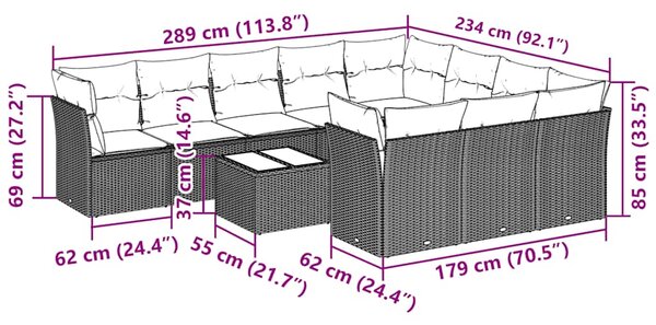 11dílná zahradní sedací souprava s poduškami šedá polyratan 3250071