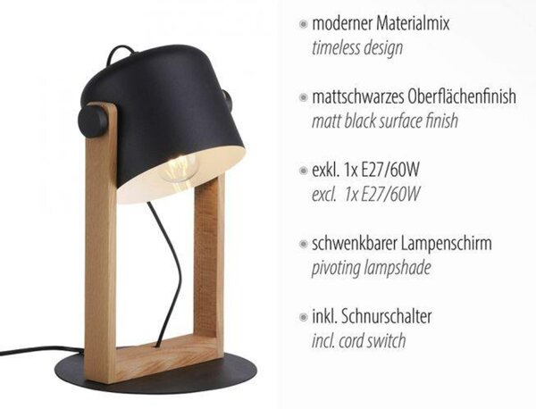 LEUCHTEN DIREKT is JUST LIGHT stolní lampa, černá, šňůrový vypínač, imitace dřeva, industriální design
