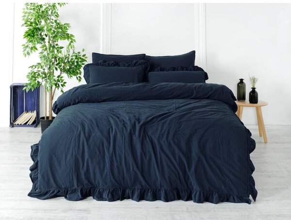 Tmavě modré povlečení na jednolůžko z bavlny Renforcé 140x200 cm Ruffle Striped – Mila Home Luxury